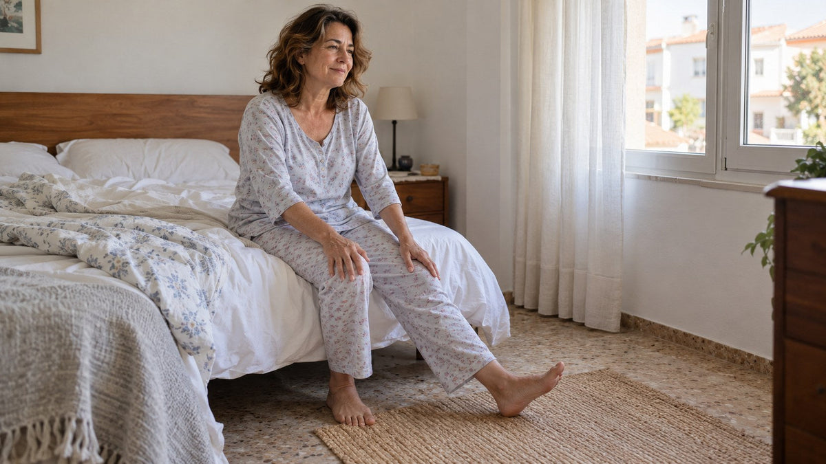 Mujer de unos 55 años sentada en el borde de la cama por la mañana, con las manos sobre la rodilla antes de levantarse