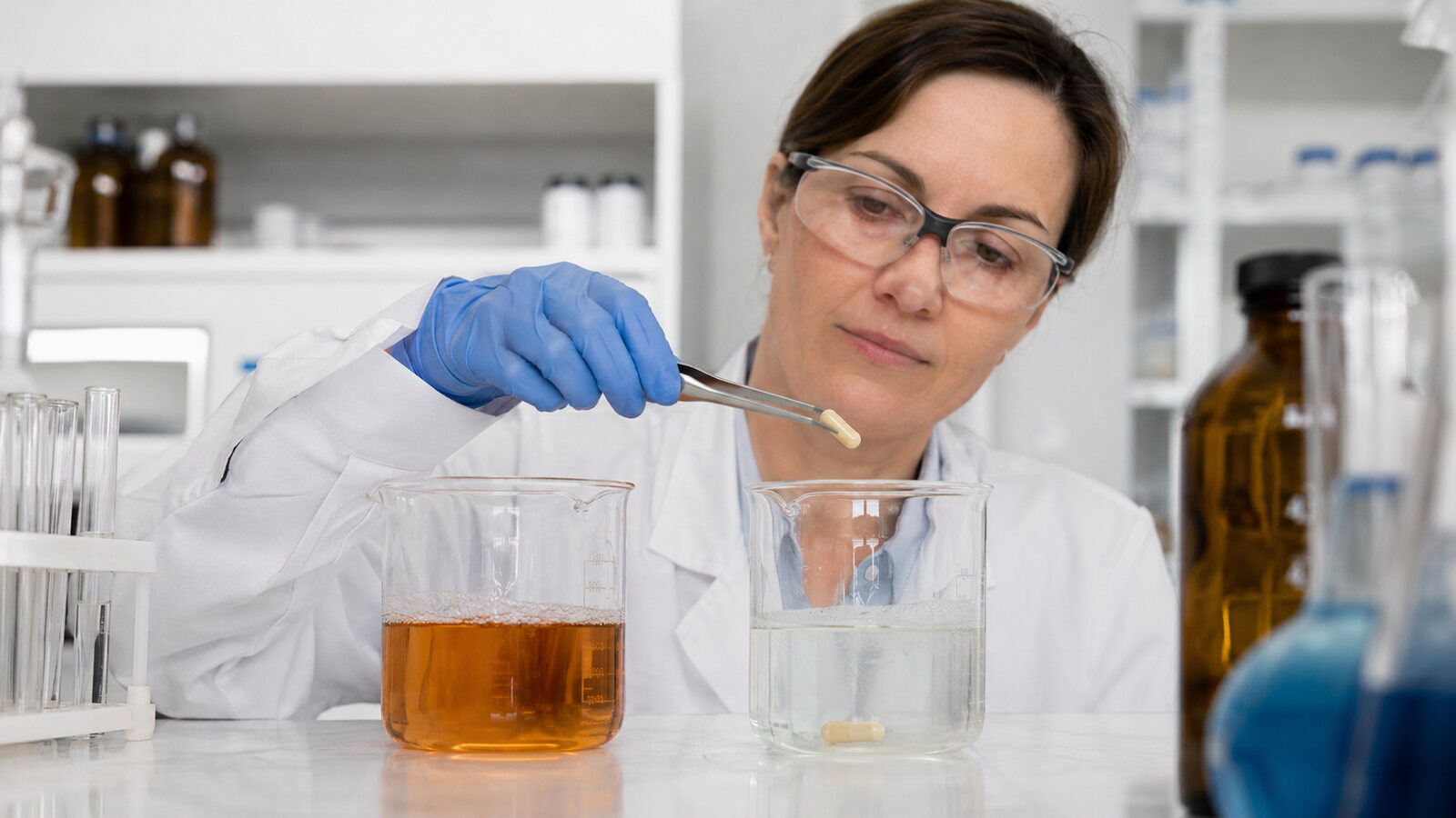 Científica evaluando una cápsula gastrorresistente en recipientes de control de calidad