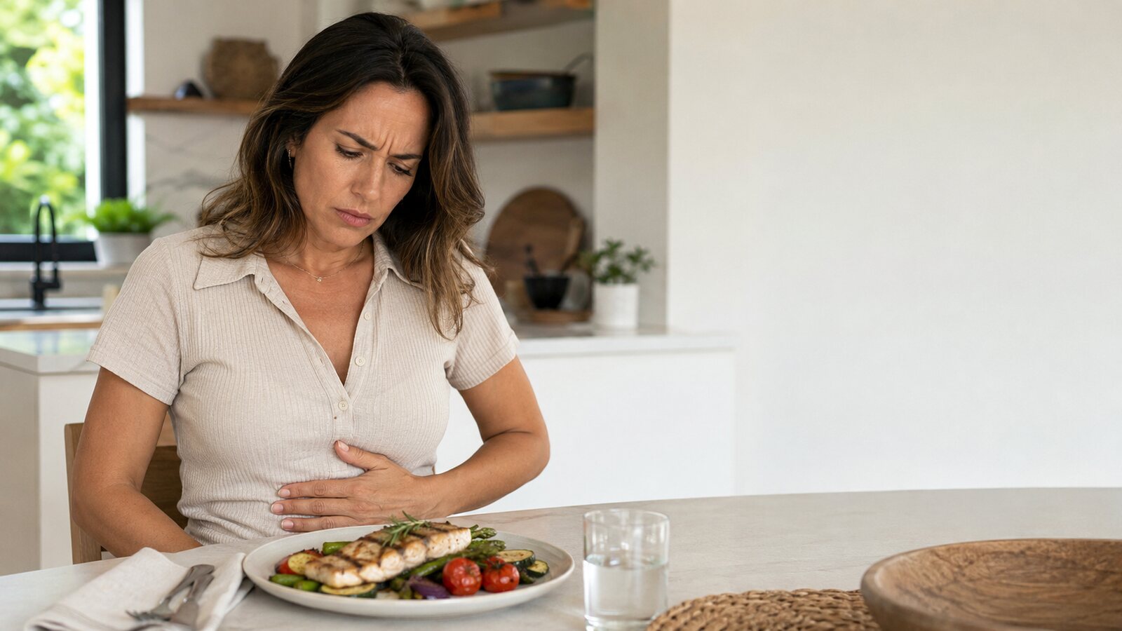 Mujer con pesadez digestiva frente a un plato saludable de pescado y verduras