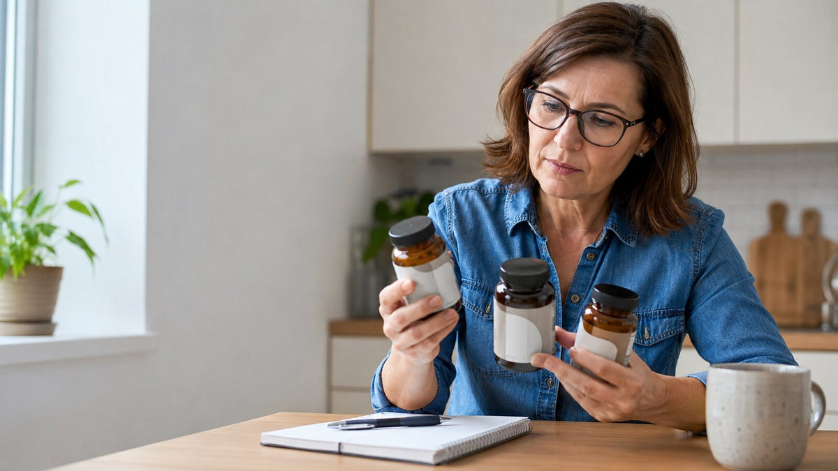 Mujer comparando etiquetas de varios complementos digestivos genéricos con una lista de criterios