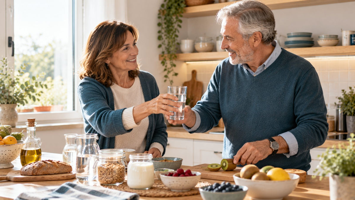 Pareja de unos 62 años preparando juntos el desayuno en la cocina