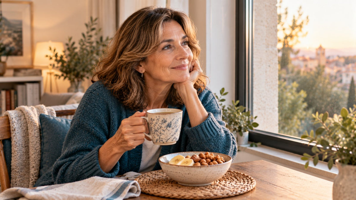Mujer de unos 55 años junto a la ventana con una infusión y un bol de frutos secos y plátano