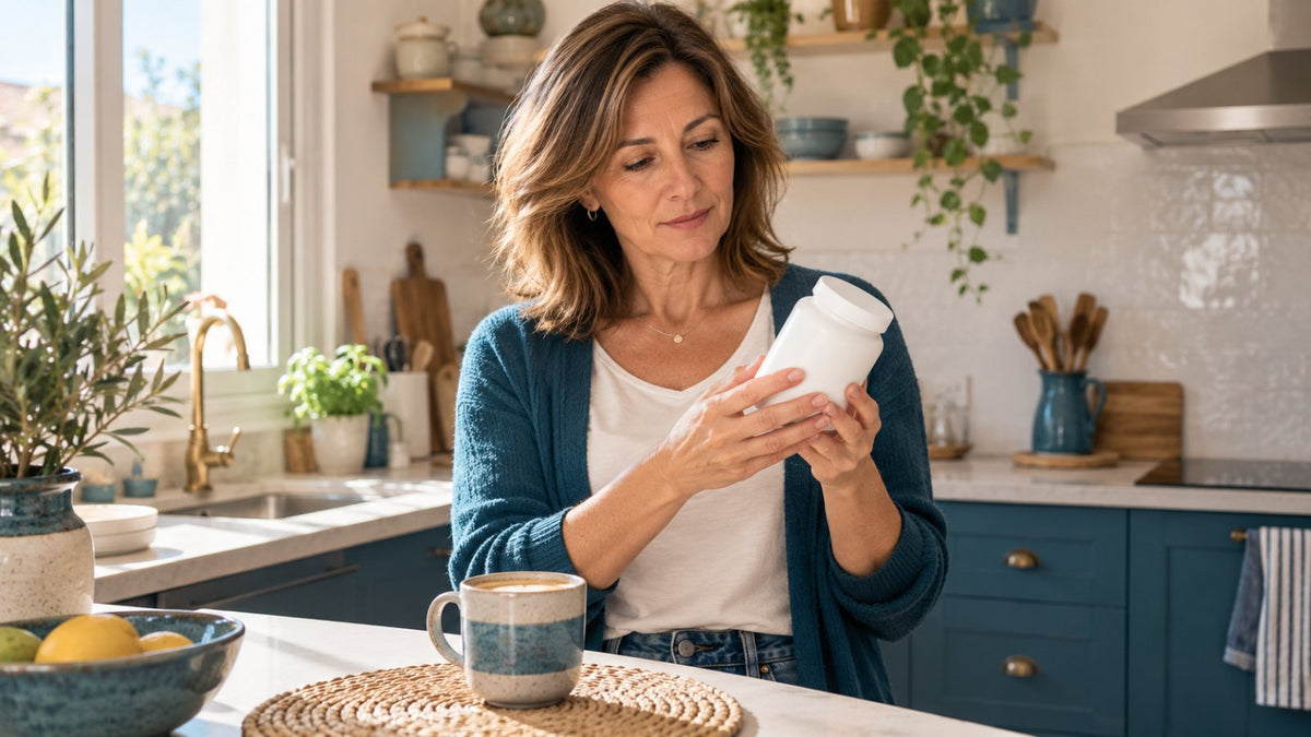 Mujer de unos 50 años leyendo la etiqueta de un bote de complemento en una cocina luminosa